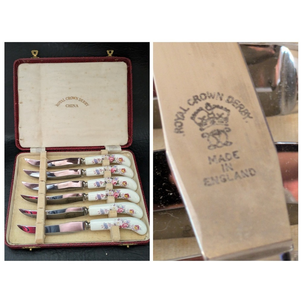 Set of 6 Royal Crown Derby Posies Knife Porcelain Handle 7 Inch Red Fitted Box